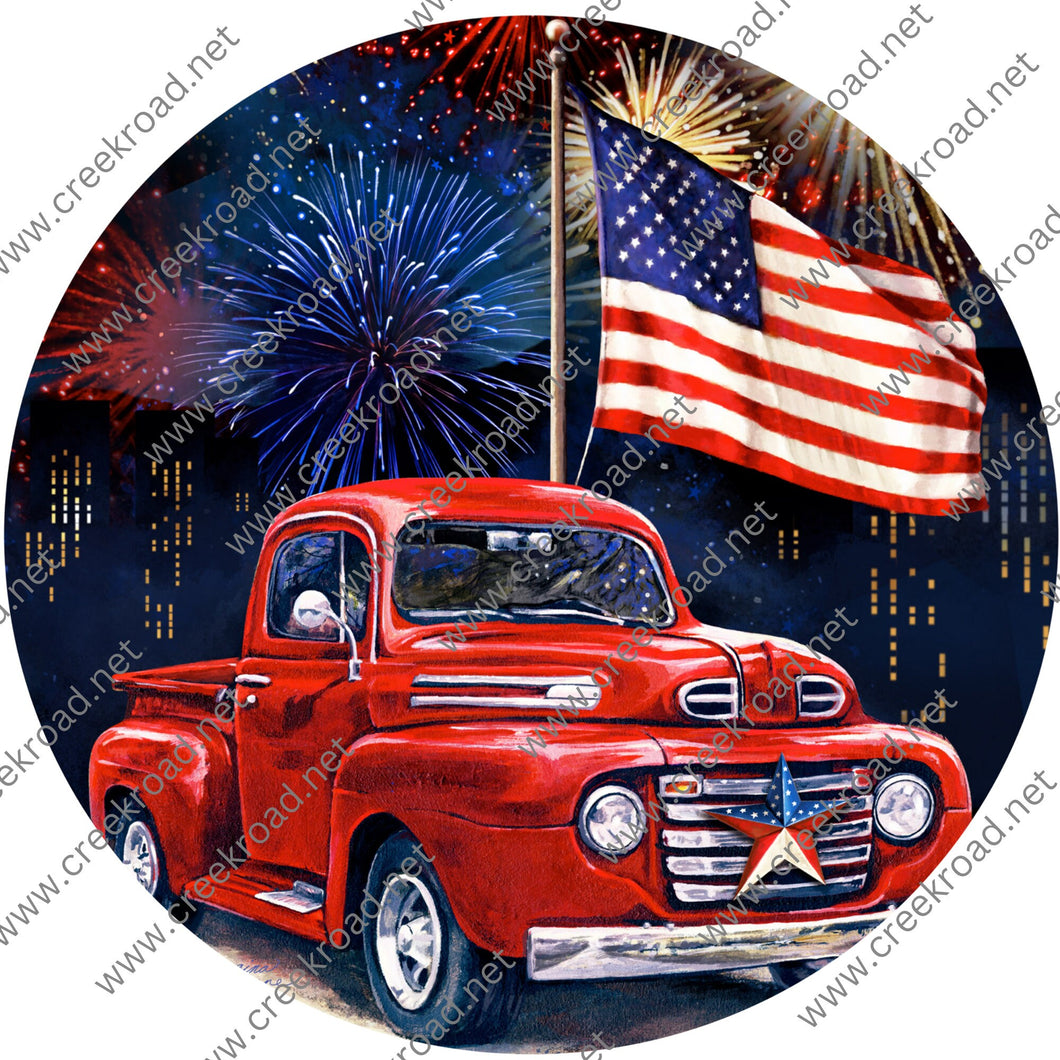 Independence Celebration with Red Truck American Flag-Fireworks-Stars Stripes-Wreath Sign-Sublimation Sign-Wreath Attachment