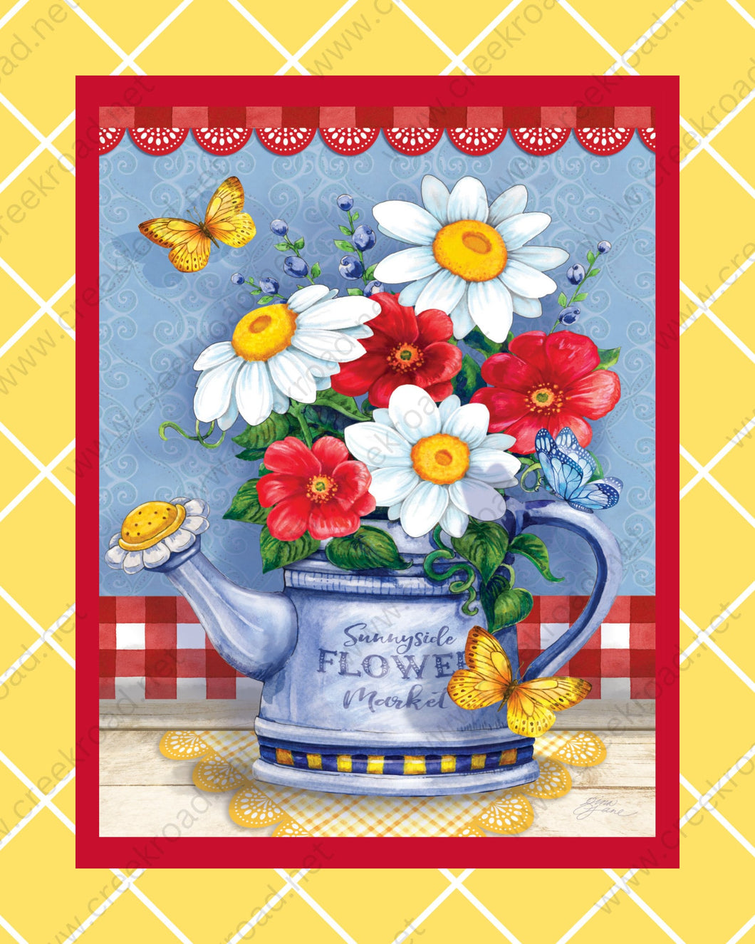 Spring Flowers in Watering Can Yellow White Diagonal Border Wreath Sign-Butterfly-Flowers-8.00