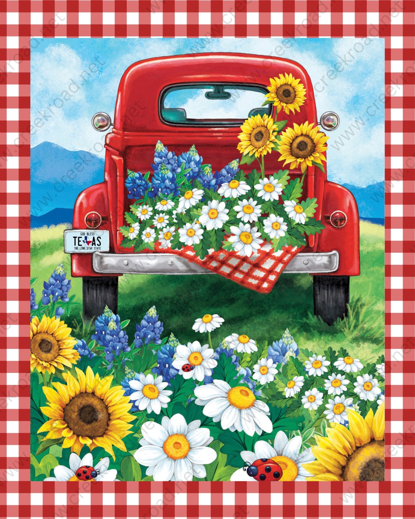 Red Truck in Spring Meadow of Sunflowers Bluebonnets Daisies Red Gingham Wreath Sign-Lady Bug-Flowers-8.00" x 10.00" Sublimation-Metal Sign