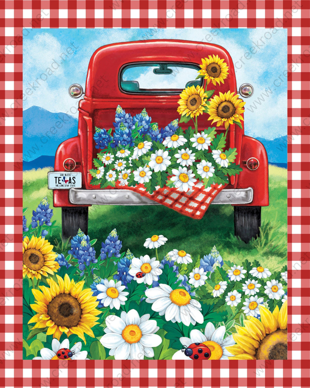 Red Truck in Spring Meadow of Sunflowers Bluebonnets Daisies Red Gingham Wreath Sign-Lady Bug-Flowers-8.00