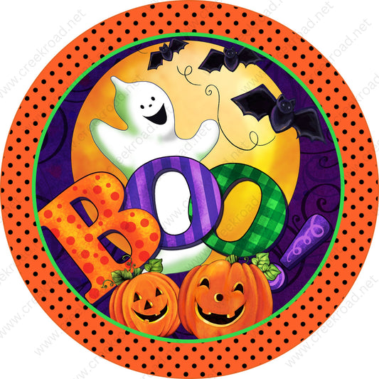 Boo Ghost Under Blood Orange Moon Pumpkins Bats Orange Black Polka Dot Border Halloween Sign -Sublimation - Wreath Sign - Metal Sign