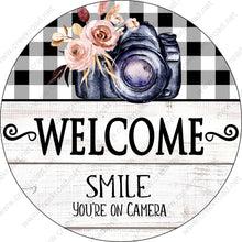Load image into Gallery viewer, Welcome Smile You&#39;re On Cameral Wreath Sign -Everyday - Black White Checkered Shiplap- Wreath Sign - Sublimation Sign - Wreath Attachment
