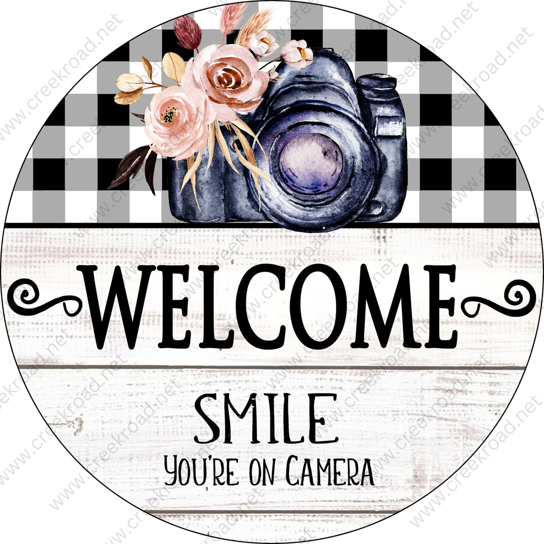 Welcome Smile You're On Cameral Wreath Sign -Everyday - Black White Checkered Shiplap- Wreath Sign - Sublimation Sign - Wreath Attachment