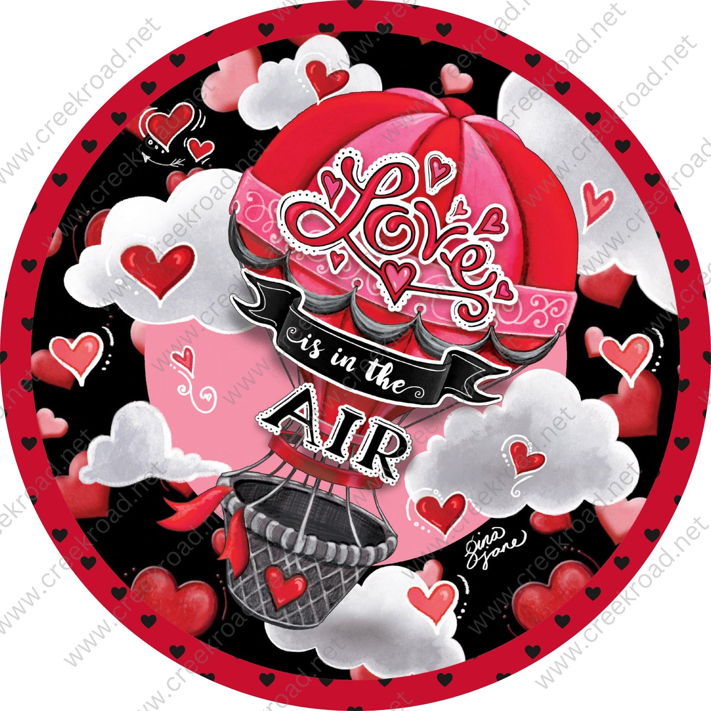 Love Is In The Air Balloon Hearts and Clouds Valentine Wreath Sign-Red Black Heart Border-Valentines Sign-Valentine Wreath Sign