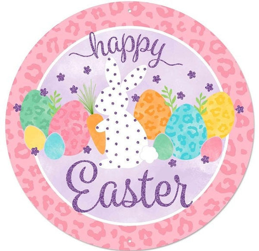 Happy Easter Polka Dot Bunny with Colorful Easter Eggs Lavender Background Pink Leopard Border Sign -Wreath Sign-Decor-MD0856