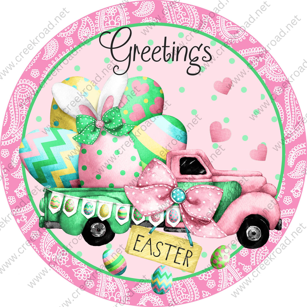 Greetings Pink Green Truckload of Easter Eggs Easter Sign with Pink Paisley-Easter-Sublimation-Wreath Sign-Attachment