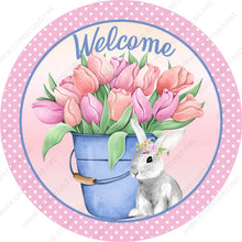 Load image into Gallery viewer, Welcome Bunny with Blue Bucket of Pink Easter Lilies Pink White Polka Dot Border Pink Background -Easter-Sublimation-Wreath Sign-Attachment
