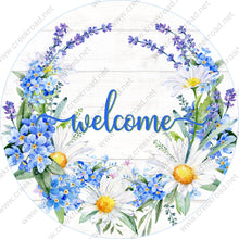 Load image into Gallery viewer, Welcome with Blue Purple Florals Daisies on Shiplap Background Wreath Sign-Sublimation-Spring-Metal Sign
