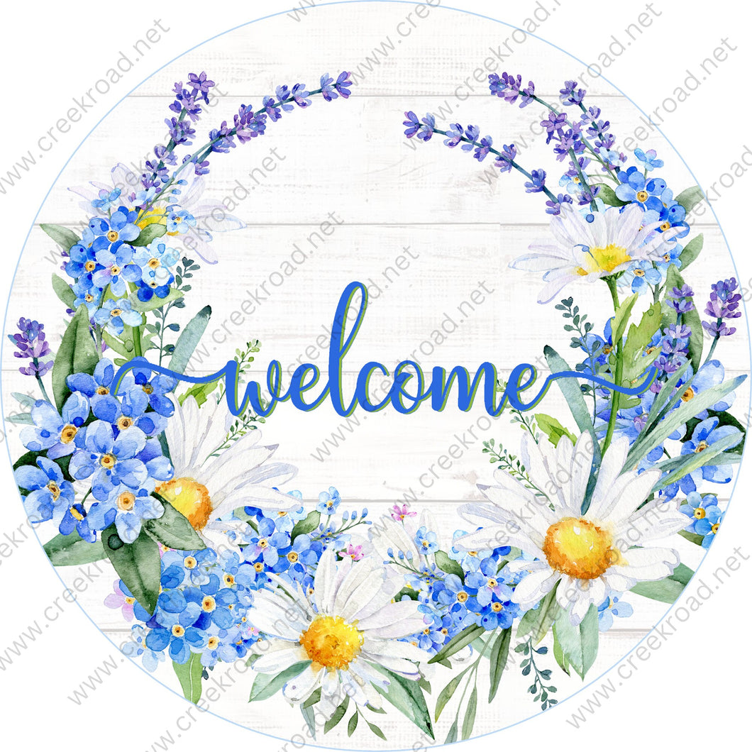 Welcome with Blue Purple Florals Daisies on Shiplap Background Wreath Sign-Sublimation-Spring-Metal Sign