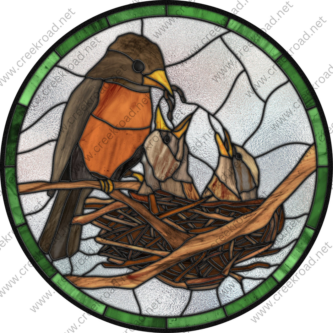 Mother Robin Feeds Babies in Nest on Branch with Green Border Wreath Sign-Everyday-Wreath Sign-Sublimation Sign-Attachment-Spring-Birds-