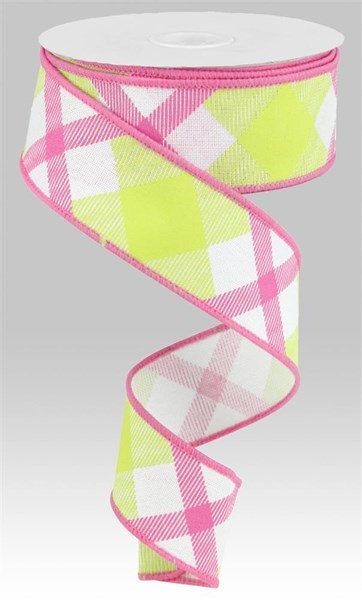 1.5" X 10Yd Wired Ribbon-Printed Plaid on Royal Ribbon-RG0168227-White Lime Green Hot Pink-Wreaths-Crafts-Decor