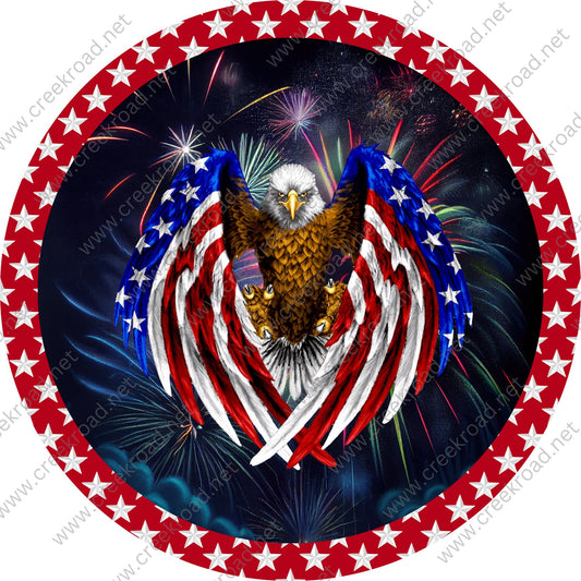 Flying American Eagle with Fireworks Background Red White Stars Border Wreath Sign-Wreath Sign-Sublimation Sign-Wreath Attachment-Patriotic