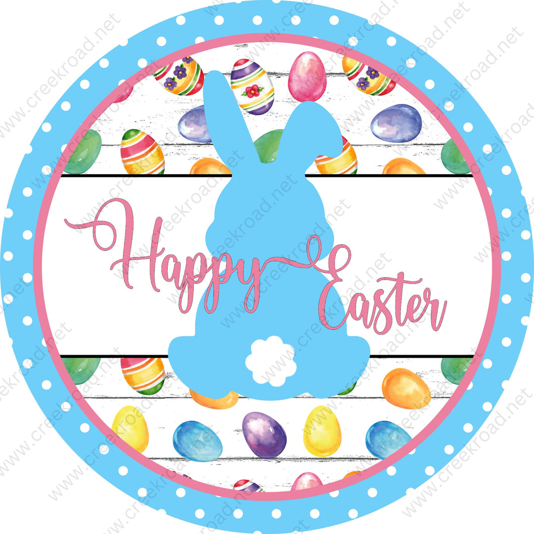 Happy Easter Bunny Blue with Cottontail with Colorful Easter Eggs Blue Border-Easter-Sublimation-Wreath Sign-Attachment