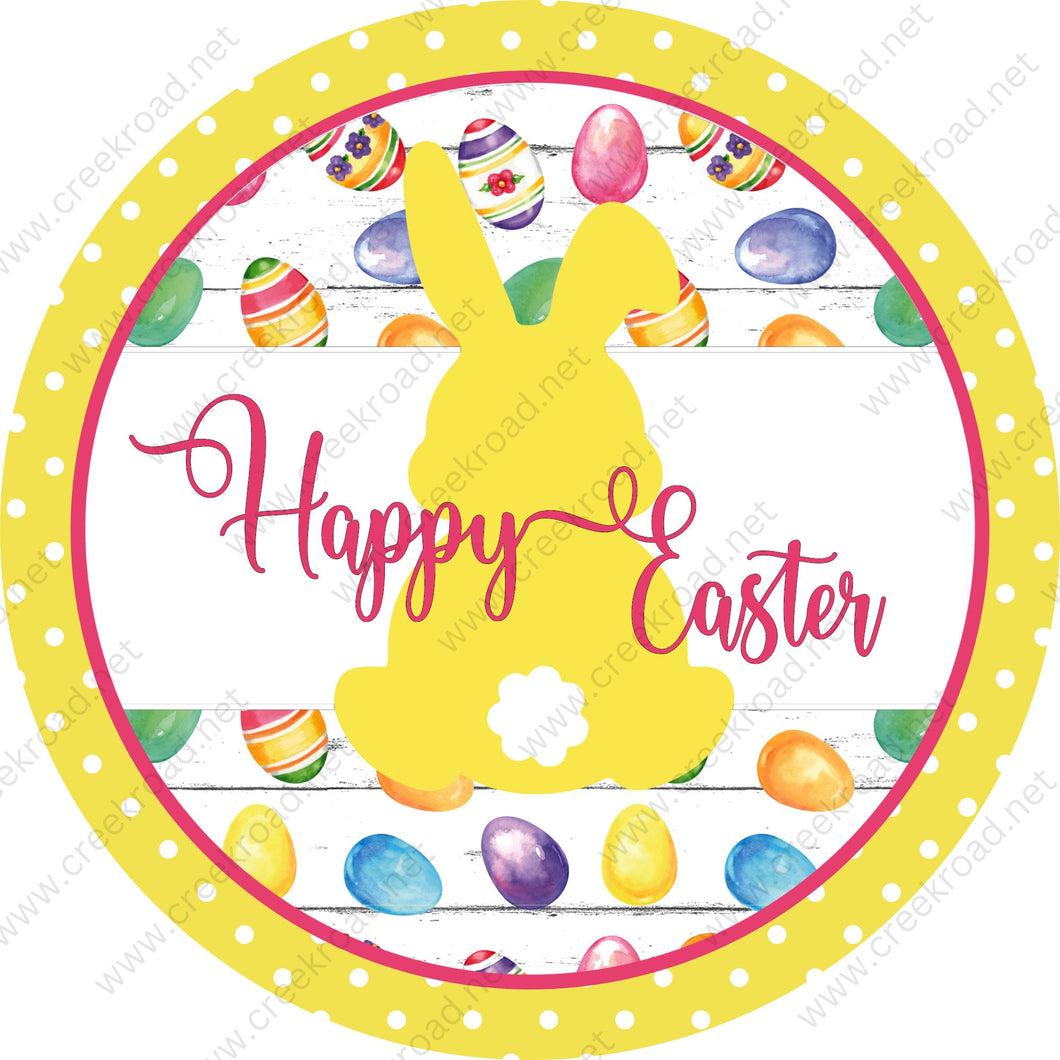 Happy Easter Bunny Yellow with Cottontail Colorful Easter Eggs Yellow Border-Easter-Sublimation-Wreath Sign-Attachment