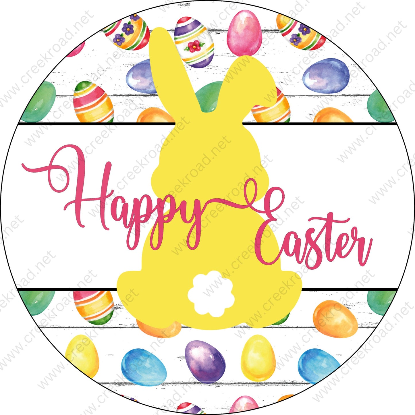 Happy Easter Bunny-PICK YOUR COLOR-with Cottontail with Colorful Easter Eggs Background-Easter-Sublimation-Wreath Sign-Attachment