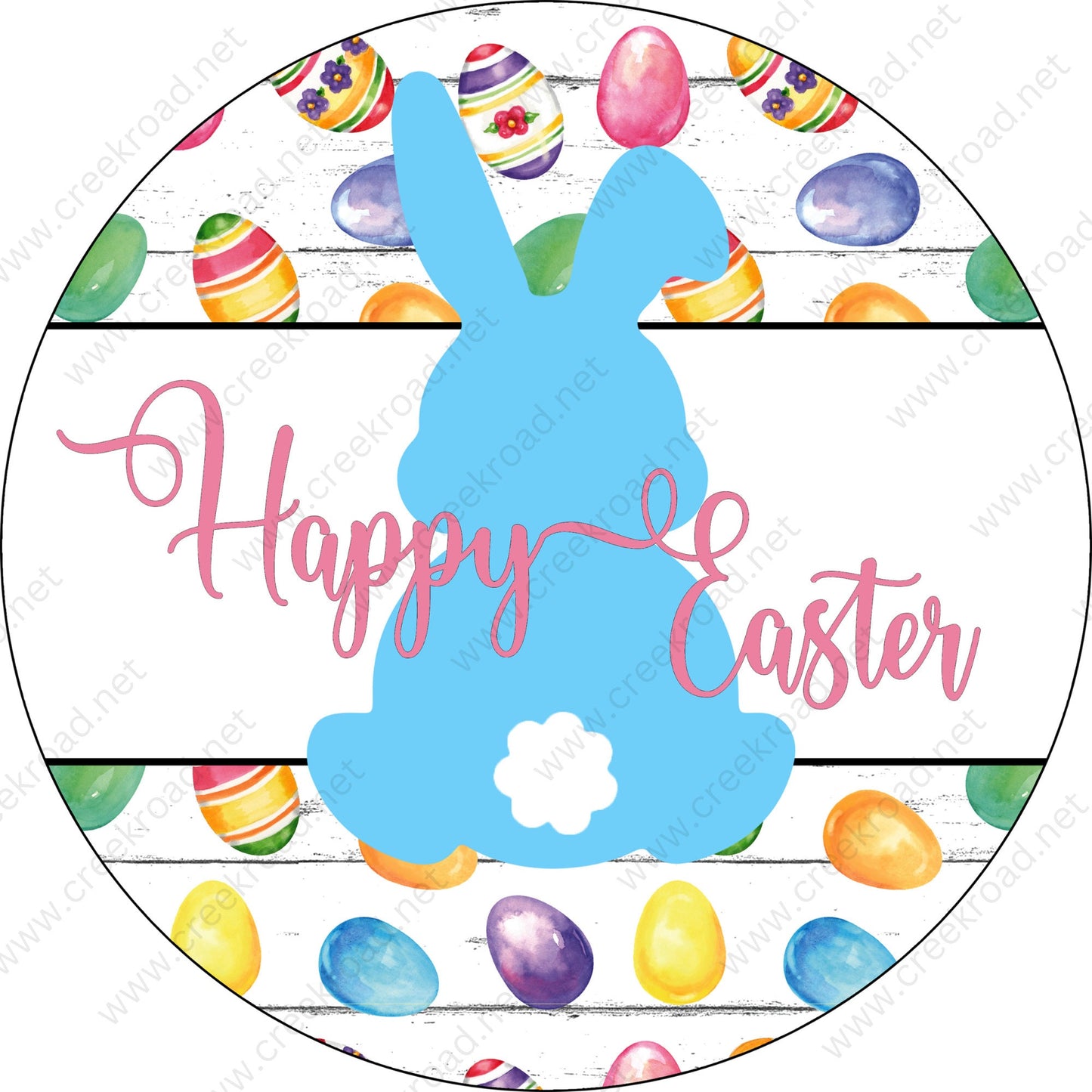 Happy Easter Bunny-PICK YOUR COLOR-with Cottontail with Colorful Easter Eggs Background-Easter-Sublimation-Wreath Sign-Attachment
