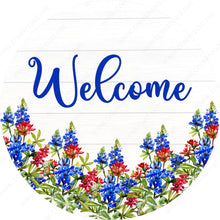 Load image into Gallery viewer, Welcome Spring Bluebonnets on White Shiplap Background Spring Wreath Sign-Sublimation - Spring-Summer-Metal Sign-
