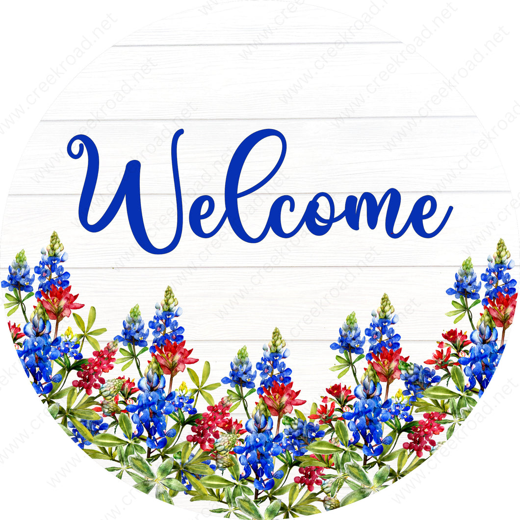 Welcome Spring Bluebonnets on White Shiplap Background Spring Wreath Sign-Sublimation - Spring-Summer-Metal Sign-