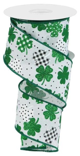 2.5" X 10Yd Wired Ribbon-Patterned Shamrocks-RGC187727-Wreaths-Crafts-Decor-Checkered-Polka Dot Gingham-St. Patrick's