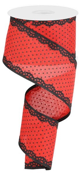 2.5" X 10Yd Wired Ribbon-Raised Swiss Dots W/Lace Ribbon-RG08818MA-Red Black-Wreaths-Crafts-Royal-Burlap