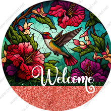Load image into Gallery viewer, Welcome Colorful Hummingbird Pollenating Flowers Green Red Glitter Accents-Birds-Flowers-Everyday-Wreath Sign-Sublimation-Attachment-Decor
