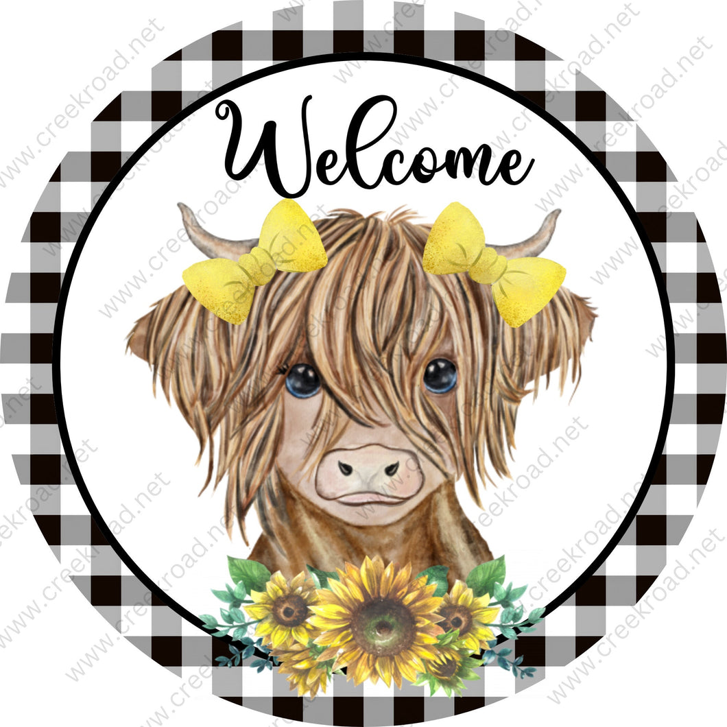 Welcome Highland Cow Sunflowers with Black White Gingham Border Spring Wreath Sign-Sublimation-Aluminum-Attachment