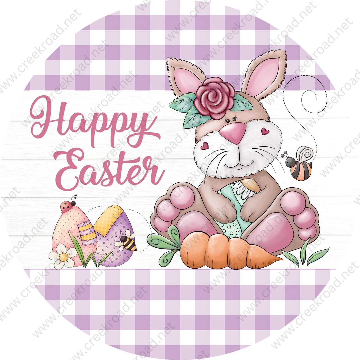 Happy Easter Bunny with Eggs Carrot on Purple White Gingham Shiplap Background-Easter-Decor-Sublimation-Wreath Sign-Attachment-Spring