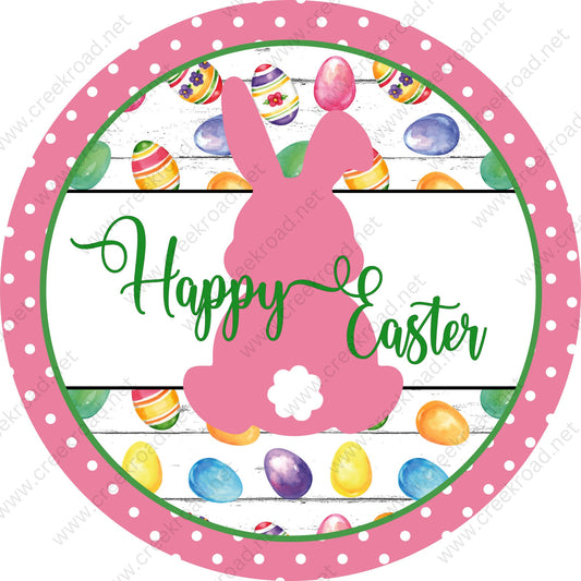 Happy Easter Bunny Pink with Cottontail with Colorful Easter Eggs Pink Border- Easter-Sublimation-Wreath Sign-Attachment