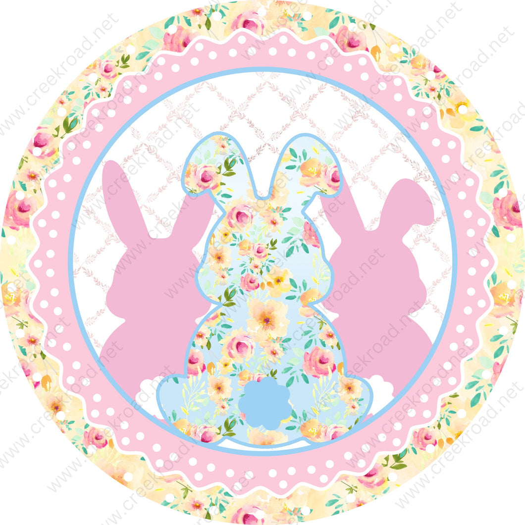Easter Bunny Silhouettes with Pink Floral Border White Polka Dots-Blank-Easter-Sublimation-Wreath Sign-Attachment-Decor