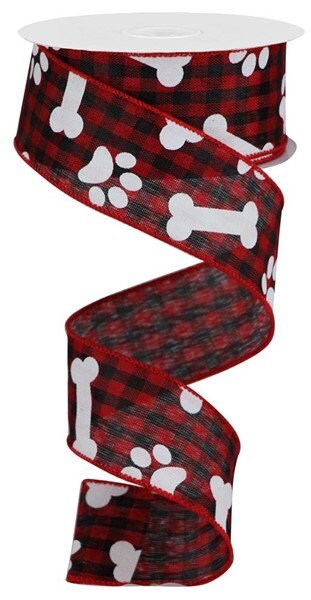 1.5" X 10Yd Wired Ribbon-Pawprints/Bones Gingham Check-RGA1895MA-Red/Black/White-Wreaths-Crafts-Decor-