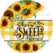 Load image into Gallery viewer, Home Sweet Home Sunflowers on White Shiplap with Yellow White Checkered Background Wreath Sign-Sublimation-Round-Spring-Summer-Decor
