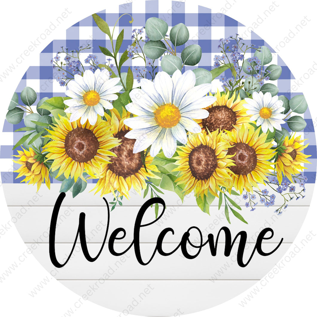 Welcome Sunflowers on White Shiplap with Blue White Checkered Background Wreath Sign-Sublimation-Round-Spring-Summer-Decor