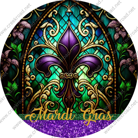 Mardi Gras Purple Fleur De Lis with Glitter Accents Faux Stained Glass Wreath Sign-Purple, Green, and Gold-Metal-Sublimation-Deocr-Aluminum