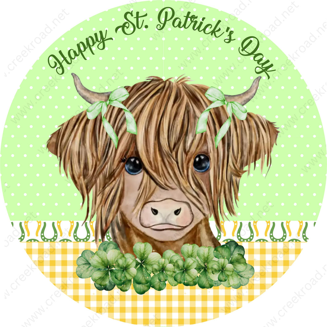 Happy St. Patrick's Day Lucky Highland Cow Yellow White Checkered Green White Polka dots Wreath Sign-Sublimation-Decor-Attachment-Decor