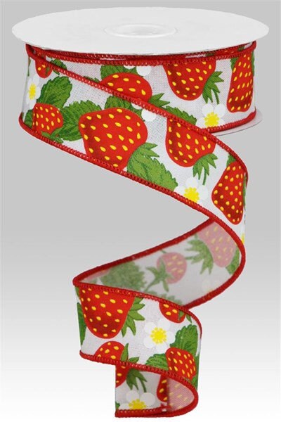 1.5" X 10Yd Wired Ribbon-Strawberries/Faux RoyalRibbon-RGA118327-White/Yellow/Red/Green-Wreaths-Crafts