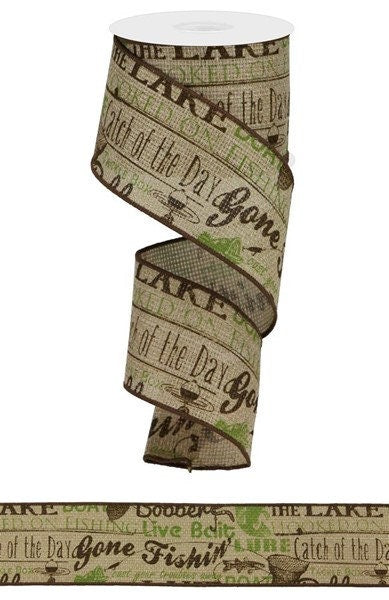 2.5" X 10Yd Wired Fish Words/Cross Royal Ribbon-Ribbon-RG1411-Chocolate, Moss Green-Wreaths-Crafts