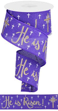 Load image into Gallery viewer, 2.5&quot; X 10Yd Wired Ribbon-He Is Risen On Royal Ribbon-RGA113423-Purple/Gold-Wreaths-Crafts
