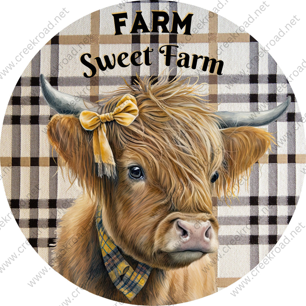 Farm Sweet Farm Brown Highland Cow with Yellow Bow Neck Scarf Wreath Sign-Farm-Sublimation-Aluminum-Round-Spring-Decor