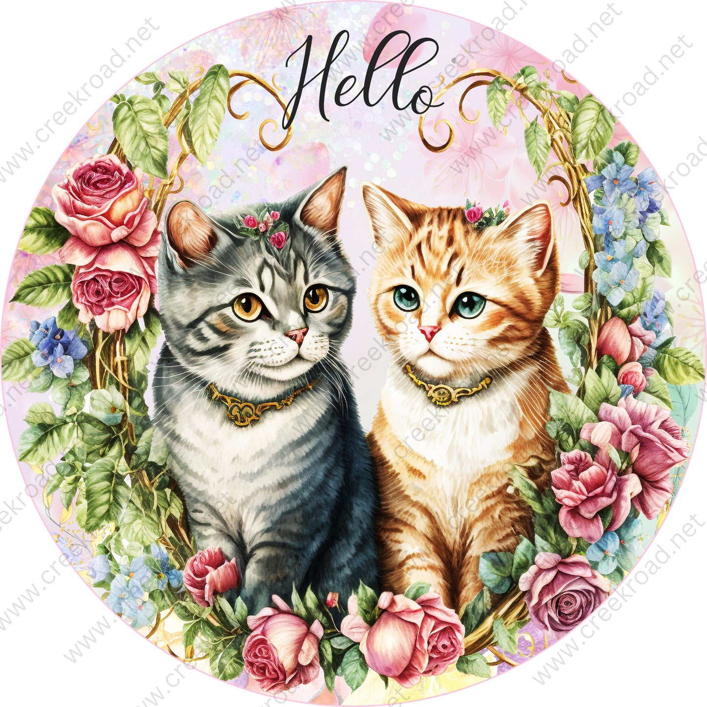 Hello Grey Orange Kitty Cats with Pink Blue Flowers No Border on Pink Background Wreath Sign-Sublimation-Aluminum-Round-Spring-Summer-Decor