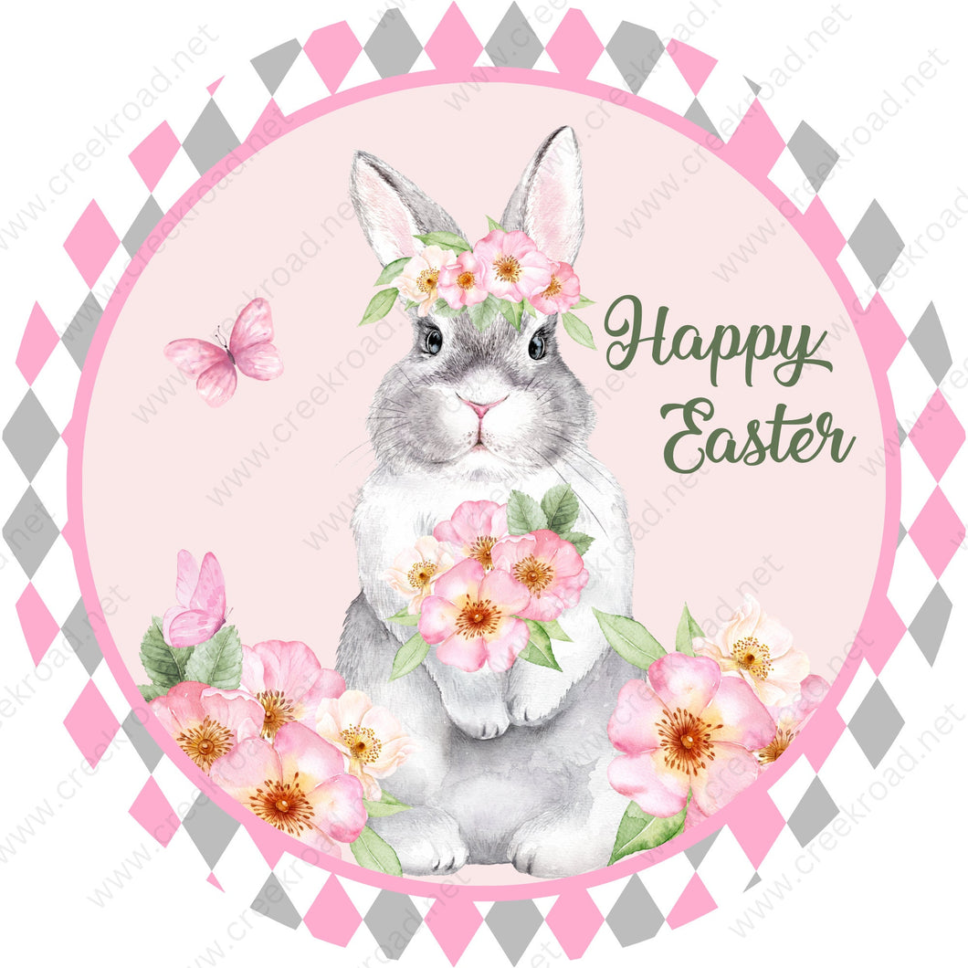 Cute Grey Easter Bunny with Bouquet of Pink Flowers Butterfly Pink Grey Harlequin Border Wreath Sign-Sublimation-Spring-Attachment-Decor