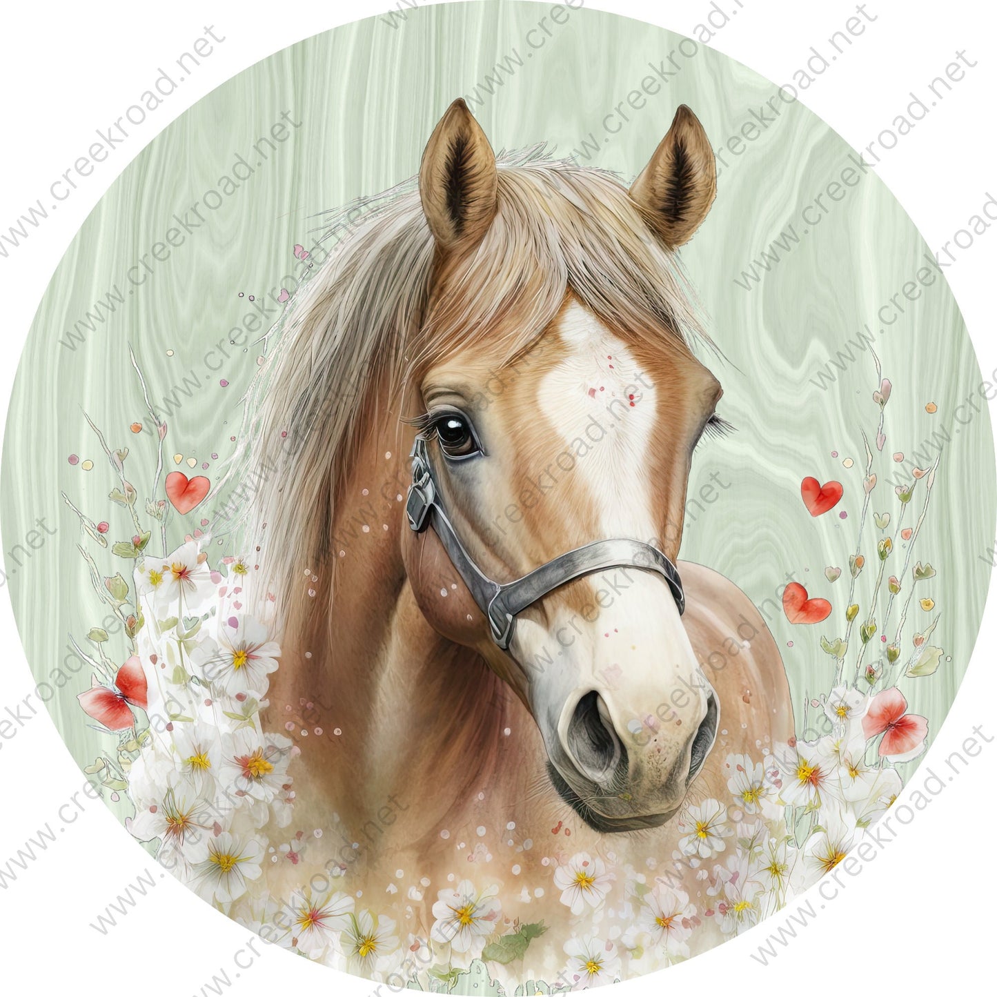 Beautiful Brown Tan Horse with Flower on Mint Green Veneer Background Wreath Sign-Round-Farm-Everyday-Spring-Sublimation-Attachment-Decor