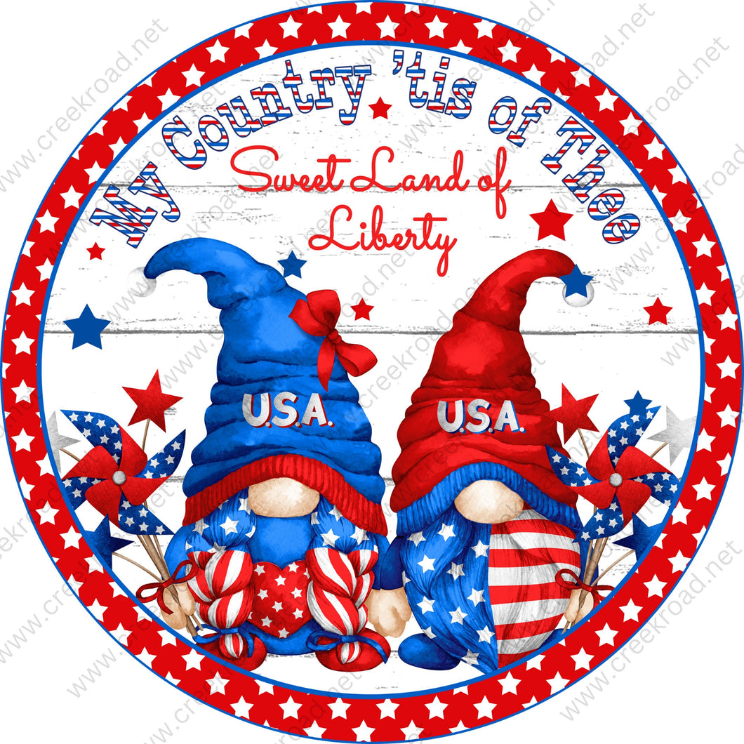 My Country Tis of Thee Sweet Land Of Liberty USA Gnomes Wreath Sign-Patriotic Red White Blue Stars-Sublimation-Aluminum-Attachment-Decor