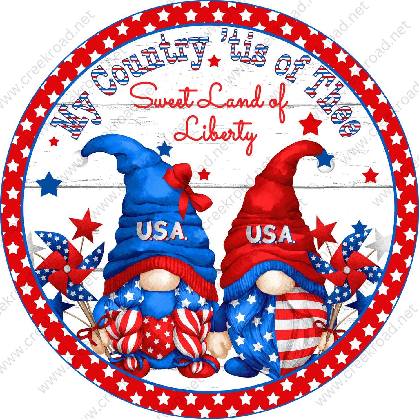 My Country Tis of Thee Sweet Land Of Liberty USA Gnomes Wreath Sign-Patriotic Red White Blue Stars-Sublimation-Aluminum-Attachment-Decor