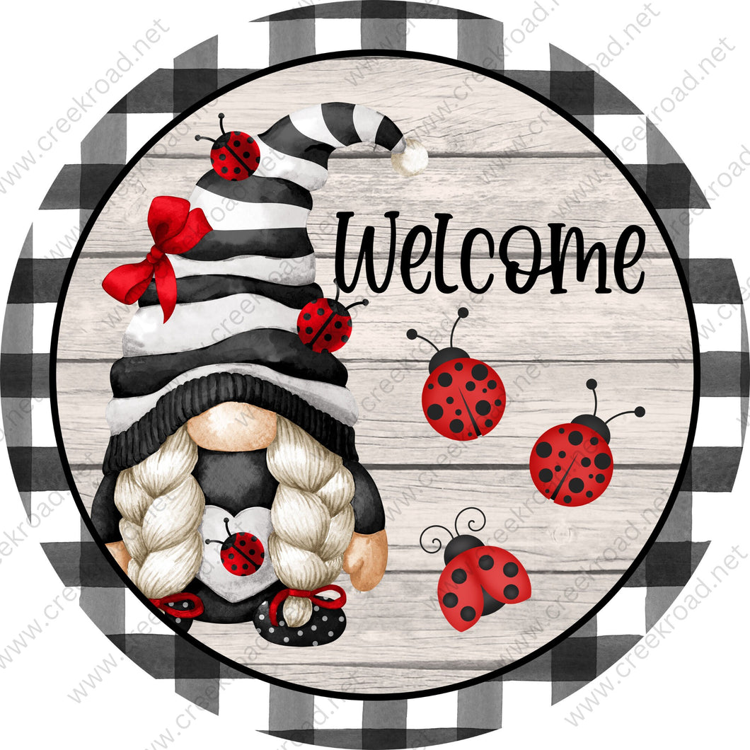 Welcome Ladybug Gnome Black White Check Border Wood Background-Wreath Sign-Sublimation-Round-Spring-Summer-Decor