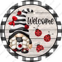 Load image into Gallery viewer, Welcome Ladybug Gnome Black White Check Border Wood Background-Wreath Sign-Sublimation-Round-Spring-Summer-Decor
