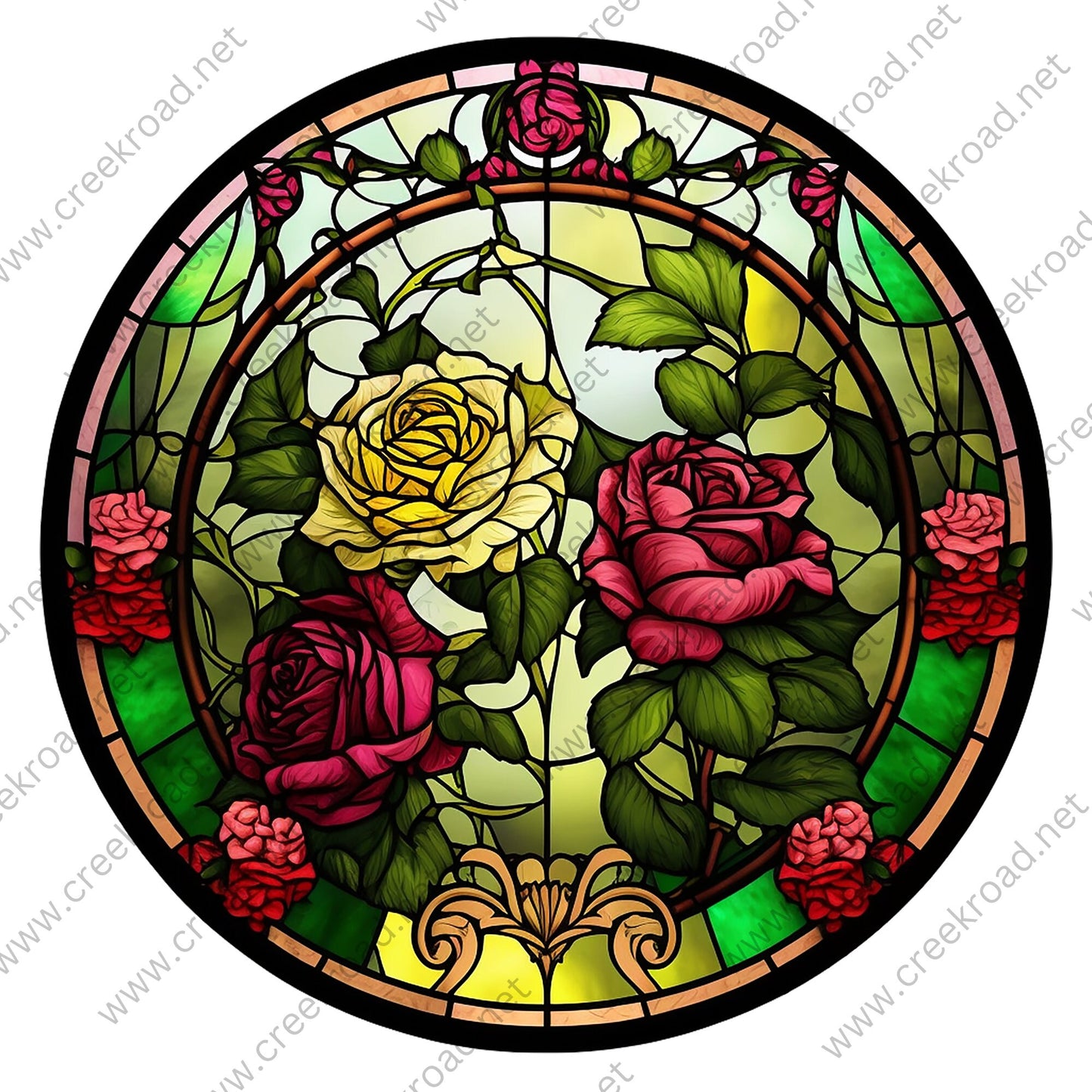 Lone Yellow Rose in a Garden of Red Roses FAUX Stained Glass Wreath Sign-Flowers-Everyday-Sublimation-Attachment-Decor