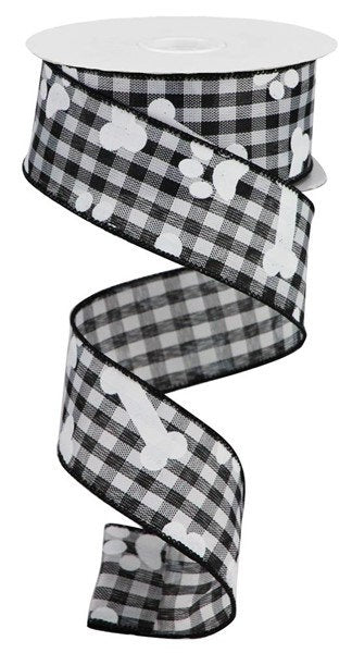 1.5" X 10Yd Wired Ribbon-Pawprints/Bones Gingham Check-RGA1893X6-Black/White-Wreaths-Crafts-Decor-