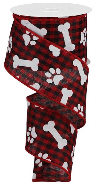 2.5" X 10Yd Wired Ribbon-Pawprints/Bones Gingham Check-RGA1896MA-Red/Black/White-Wreaths-Crafts-Decor-