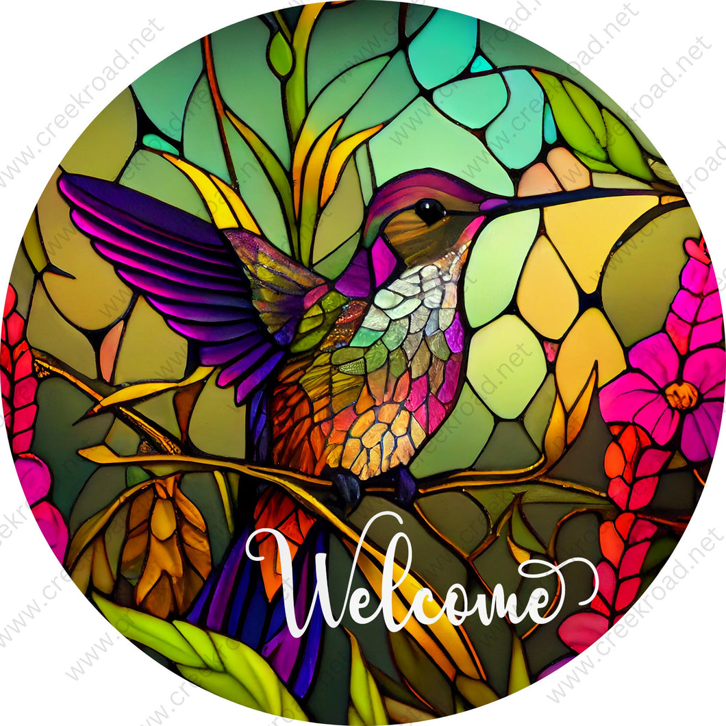 Welcome Colorful Spring Hummingbird of Many Colors Faux Stained Glass-Everyday-Wreath Sign-Sublimation-Attachment-Decor