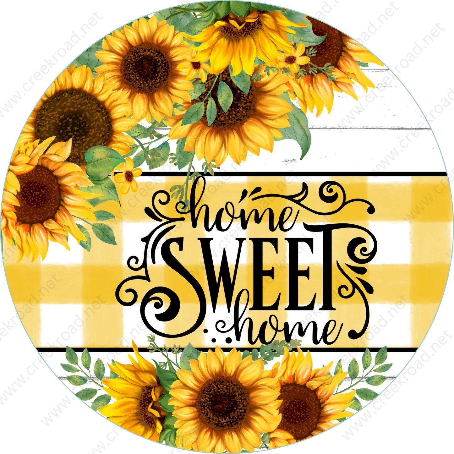 Home Sweet Home Sunflowers on White Shiplap with Yellow White Checkered Background Wreath Sign-Sublimation-Round-Spring-Summer-Decor